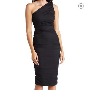 Ruched one shoulder black dress